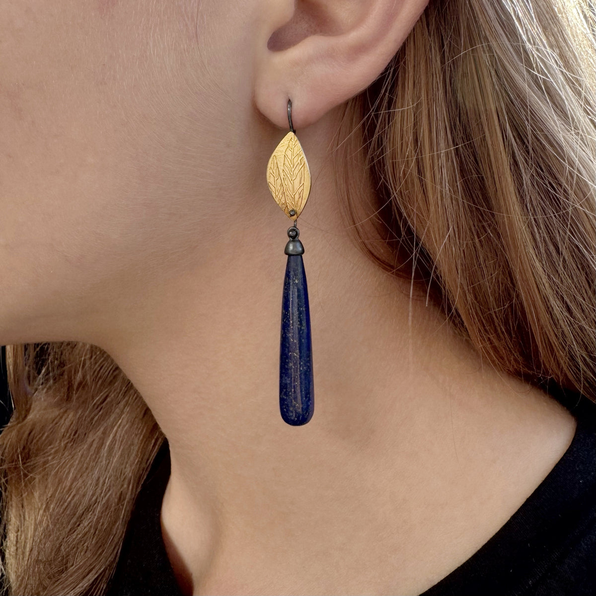 Golden Leaves Lapis Drop Earrings - Robin Wells