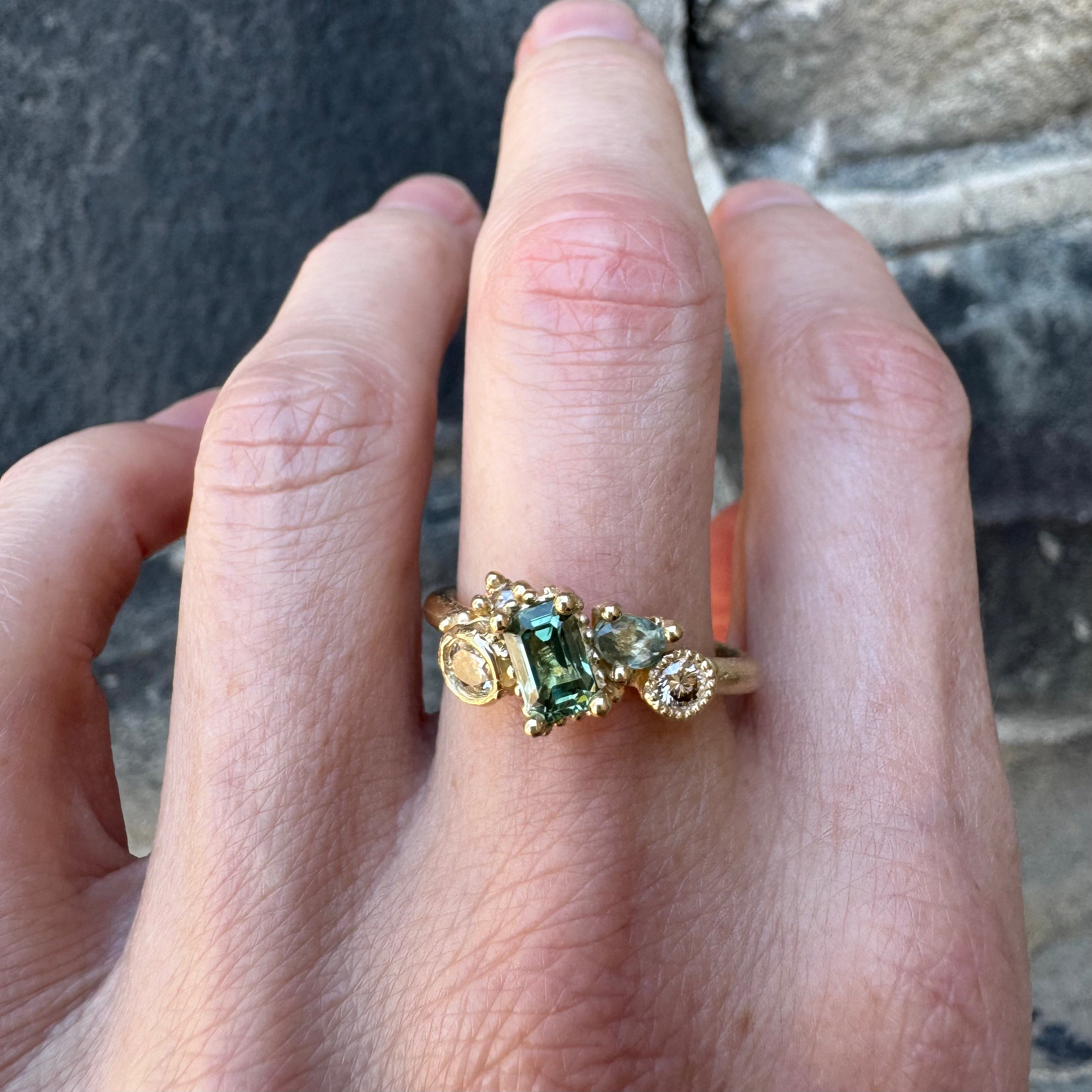 Green Sapphire Asymmetric Cluster Ring - Ruth Tomlinson