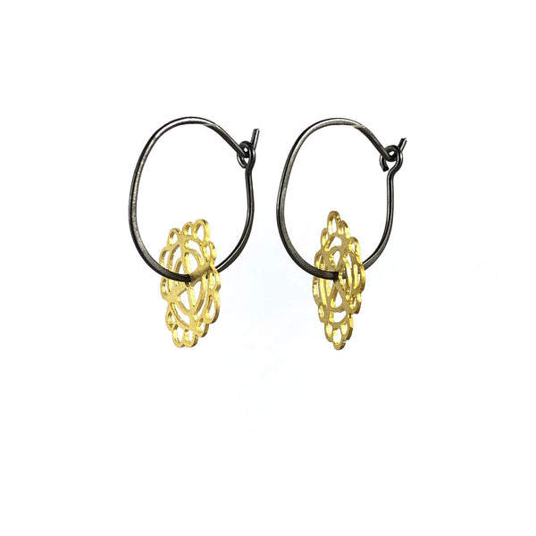 Ezra Earrings Gold on Oxidised Silver Hoops - Joanna Cave