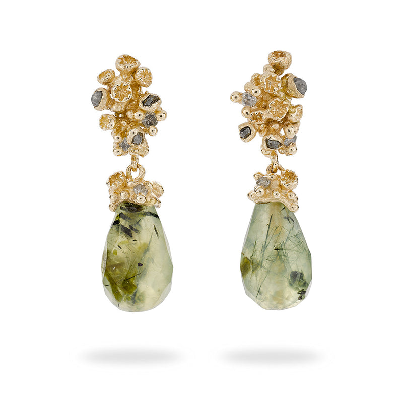 Prehnite Drop Earrings with Grey Diamonds and Barnacles - Ruth Tomlinson