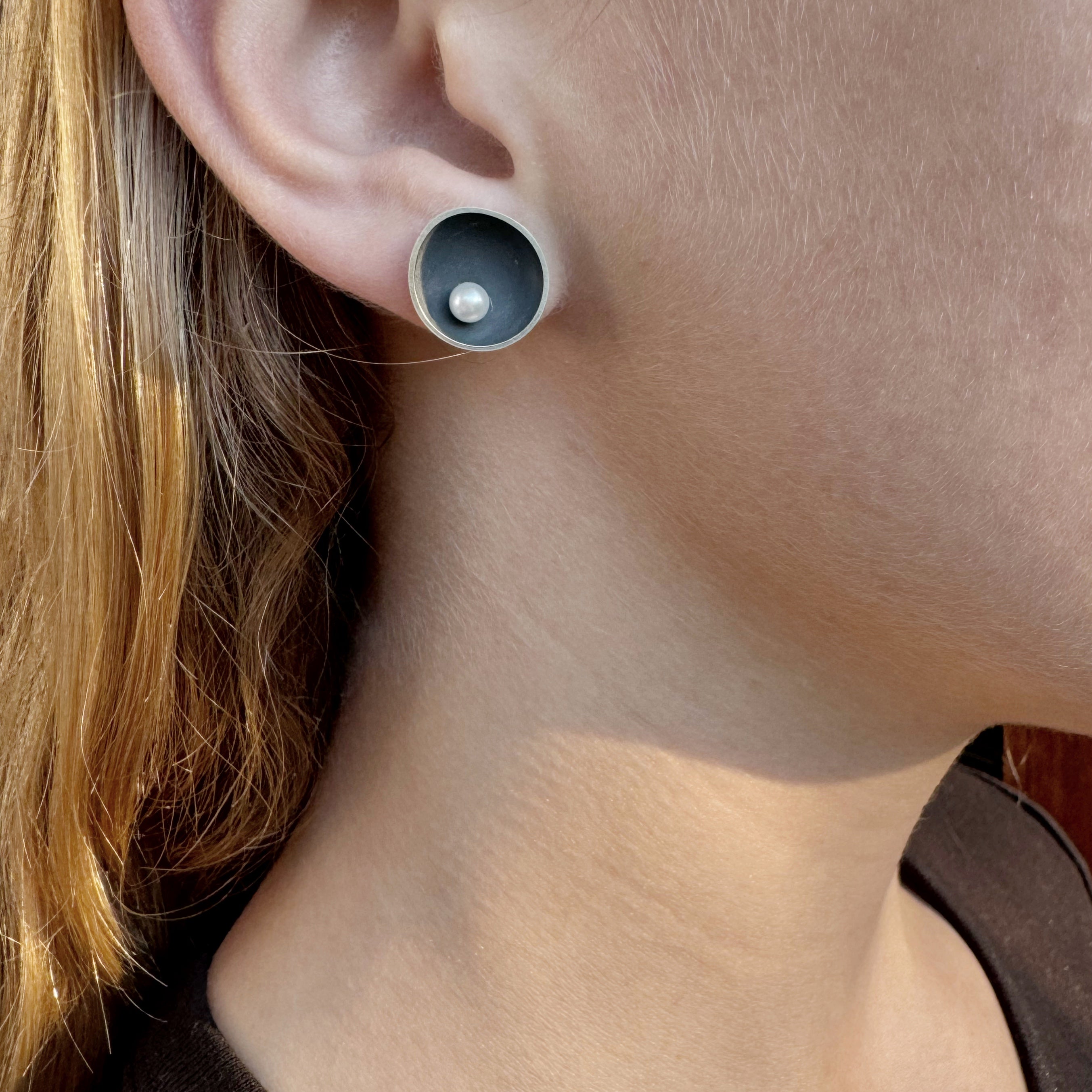 Sea Dish Oxidised Silver & Pearl Studs -  Katheryn Leopoldseder
