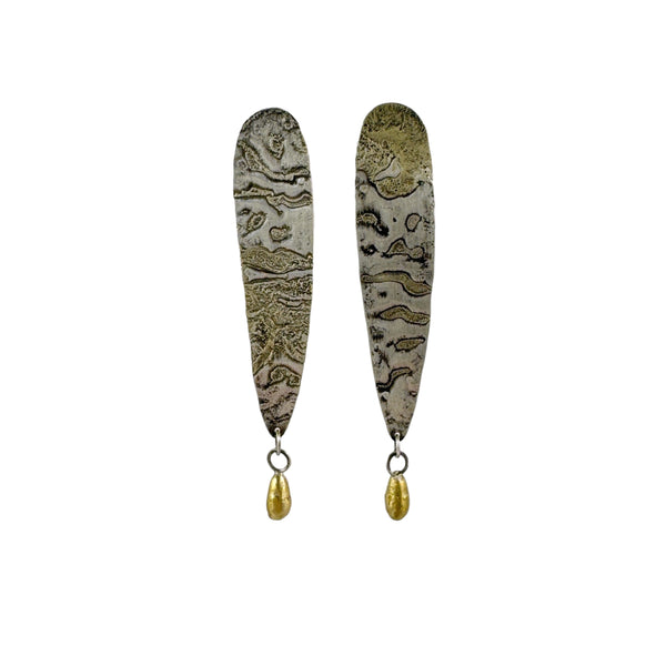 Textured Bi-Metal Long Studs with Brass Drop- Jane Hodgetts