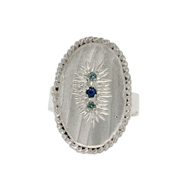 Oval Silver Feather Signet Ring with Sapphires - Nina Baker