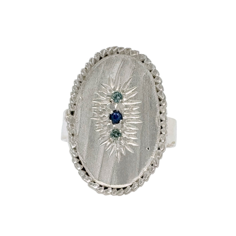 Oval Silver Feather Signet Ring with Sapphires - Nina Baker