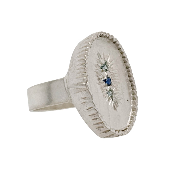 Oval Silver Feather Signet Ring with Sapphires - Nina Baker