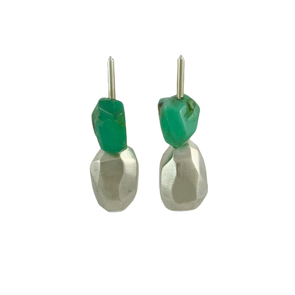 Chrysoprase & Faceted Silver Earrings - Ari Athans