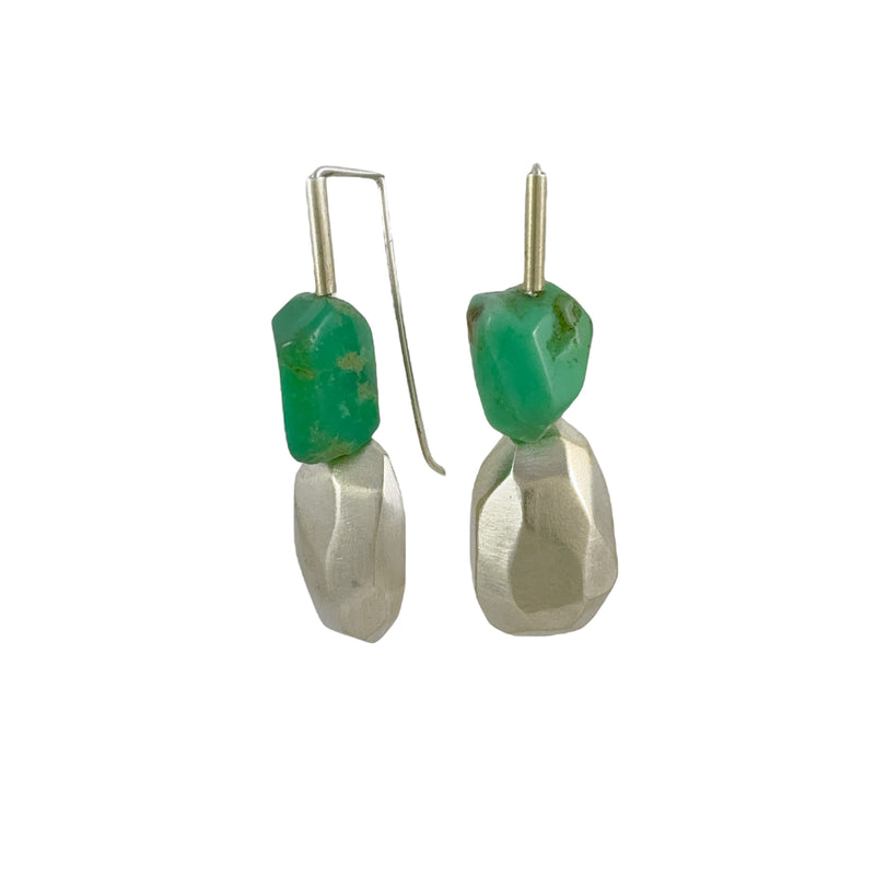 Chrysoprase & Faceted Silver Earrings - Ari Athans