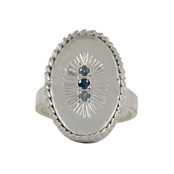 Oval Silver Feather Signet Ring with Sapphires - Nina Baker