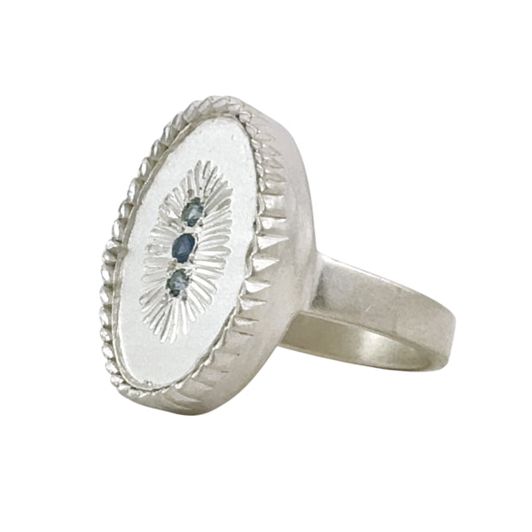 Oval Silver Feather Signet Ring with Sapphires - Nina Baker