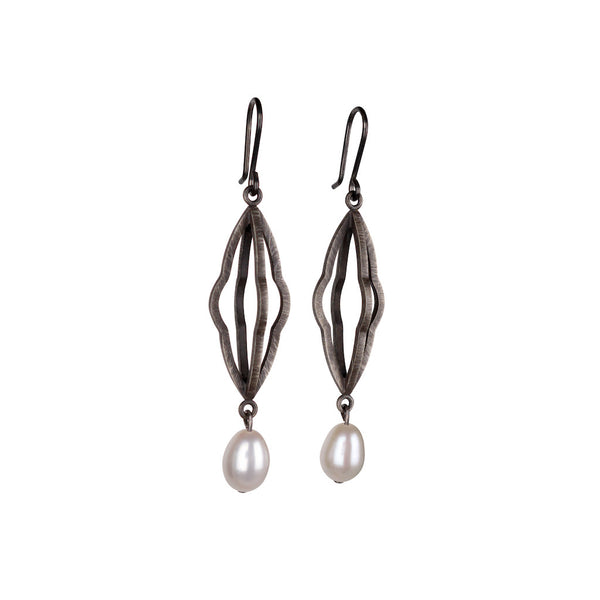 Ripple Oxidised Silver & Pearl Earrings - Kate Alterio